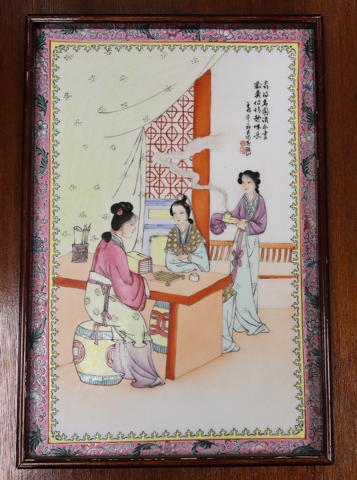 A set of four mid 20th century framed Chinese famille rose plaques, 55x38cm including frame